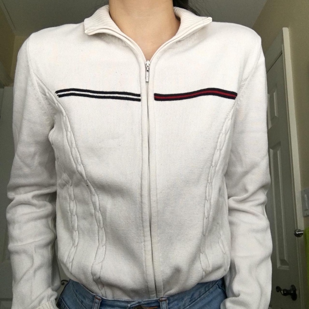 Tommy Hilfiger Ivory Cream Ribbed Collar Knit Zip Front Sweater with Brand Flag